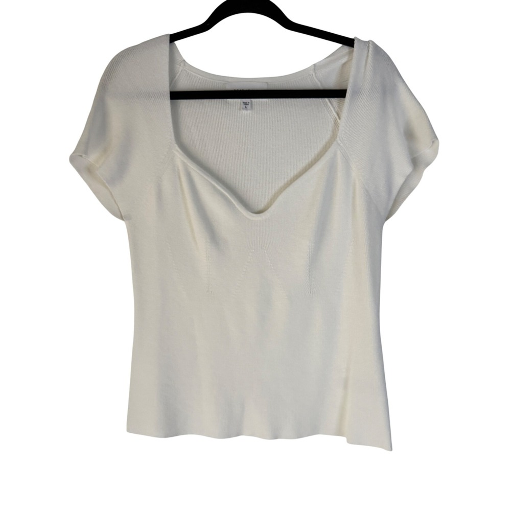 DEAR JOHN White Ribbed Sweetheart Neck Short Slv Knit Top Size L Feminine Dainty